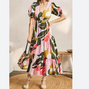 Boden Floral Puff-Sleeve Tiered Midi Dress - Size 10